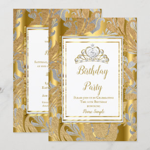 Invitation Diadème Anniversaire Gris Damassé Or