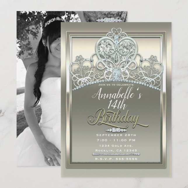Invitation Diadème Anniversaire Princesse Ivory Platine Photo (Devant / Derrière)