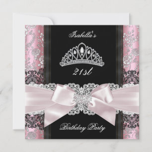 Invitation Diadème Anniversaire Rose Rose Pink Damassé Noir B