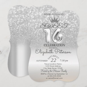 Invitation Diadème, Argent Sweet 16 Paillettes Bokeh Ombré Fê