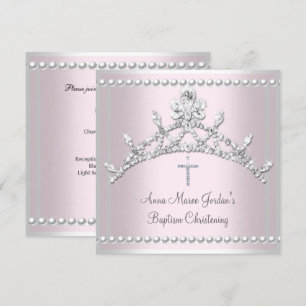 Invitation Diadème Baptême Rose Perle Blanche Diamant Argent