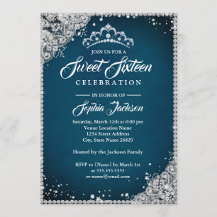 Invitation Diadème Blue Silver Diamond Lace Sparkle Sweet 16