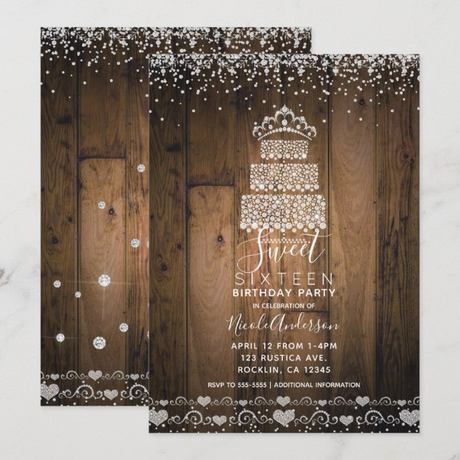 Invitation Diadème de gâteau Glam Diamond Bling en bois pour  (Devant / Derrière)