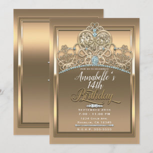 Invitation Diadème de princesse coeur glamour or Fête d'anniv