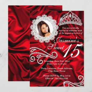 Invitation Diadème Diamant Argent Rouge Photo Quinceanera