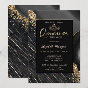 Invitation Diadème élégant moderne en or, marbre noir 