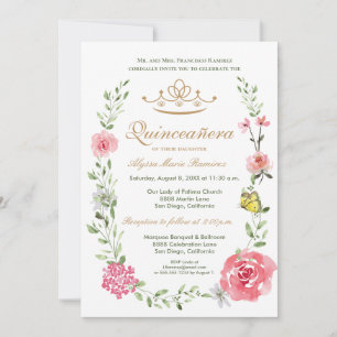 Invitation Diadème Elégant Rose Pâle Floral pour Quinceañera