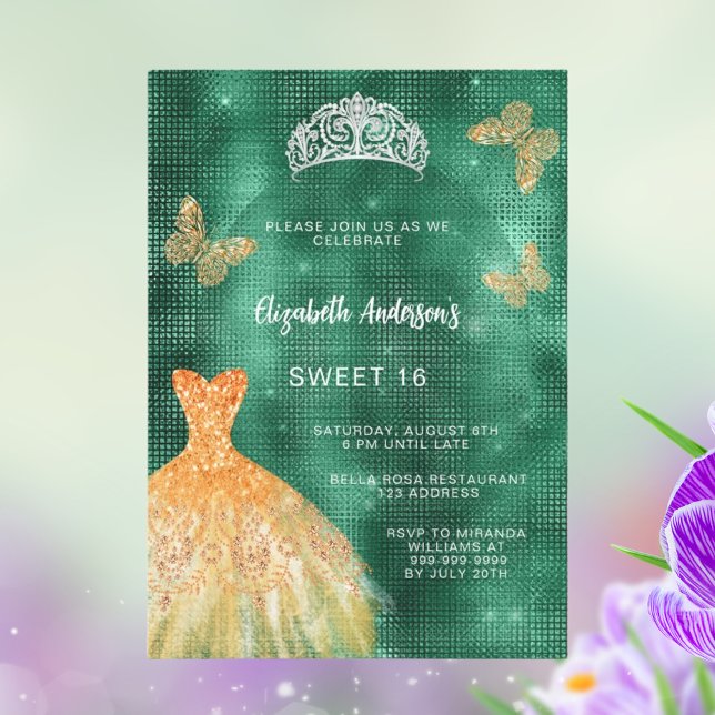 Invitation Diadème en or vert émeraude robe luxe Sweet 16 (Créateur téléchargé)