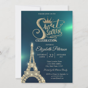 Invitation Diadème en paillettes dorées, Tour Eiffel en diama