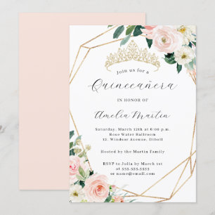 Invitation Diadème floral rose élégant géométrique Quinceaner