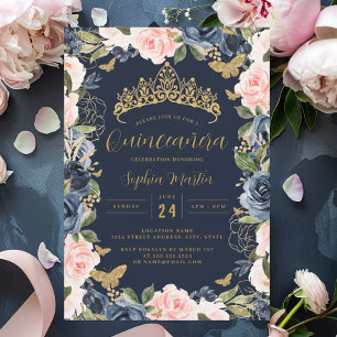 Invitation Diadème floral rose Navy Or Quinceanera Papillon