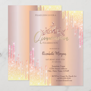 Invitation Diadème Ombre Pailletée Goutte Rose Doré Quinceañe