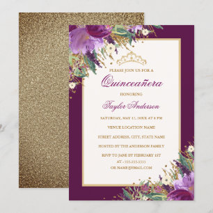 Invitation Diadème Paillettes Améthyste Violet Floral Quincea