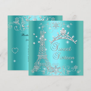 Invitation Diadème Paillettes Bleu Turquoise Sweet 16 Tour Ei