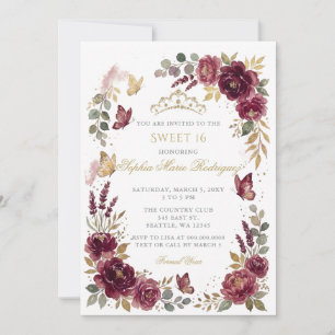 Invitation Diadème papillon floral bordeaux or Sweet 16