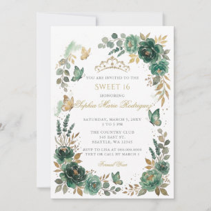 Invitation Diadème Papillon Floral Émeraude Or Sweet 16