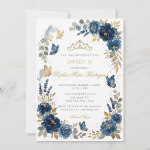 Invitation Diadème Papillon Floral Navy Or Sweet 16