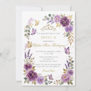 Invitation Diadème papillon floral violet or Sweet 16