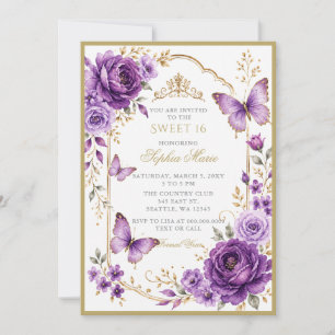 Invitation Diadème papillon floral violet or Sweet 16