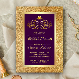 Invitation Diadème Princesse Paillettes Dorées Mariage Violet