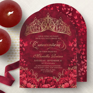 Invitation Diadème Princesse Rouge Or Élégant Quinceanera
