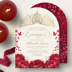 Invitation Diadème Princesse Rouge Or Élégant Quinceanera