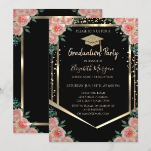 Invitation Diagramme Gold Graduation Cap Floral Graduation