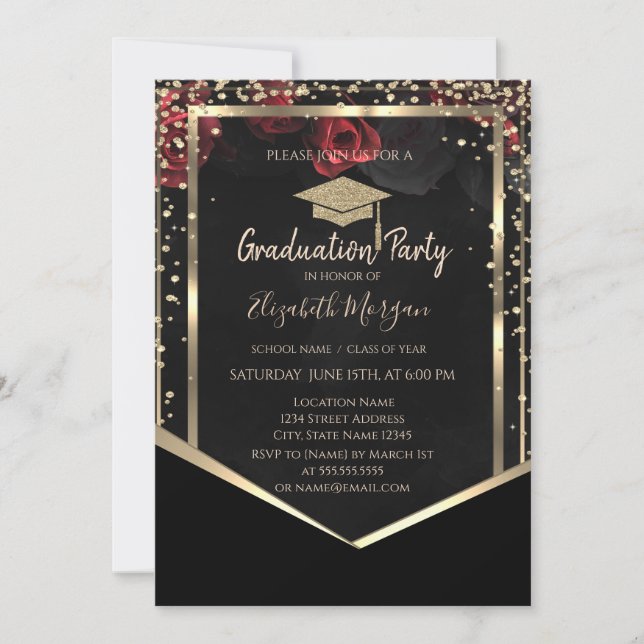 Invitation Diagramme Gold Graduation Cap Rose Graduation (Devant)