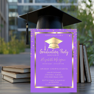 Invitation Diagrammes Gold Grad Casquette Violet Graduation