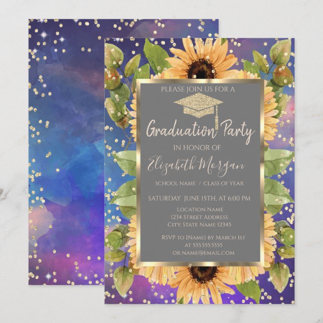 Invitation Diagrammes Tournesols Peinture Splash Graduation (Devant / Derrière)