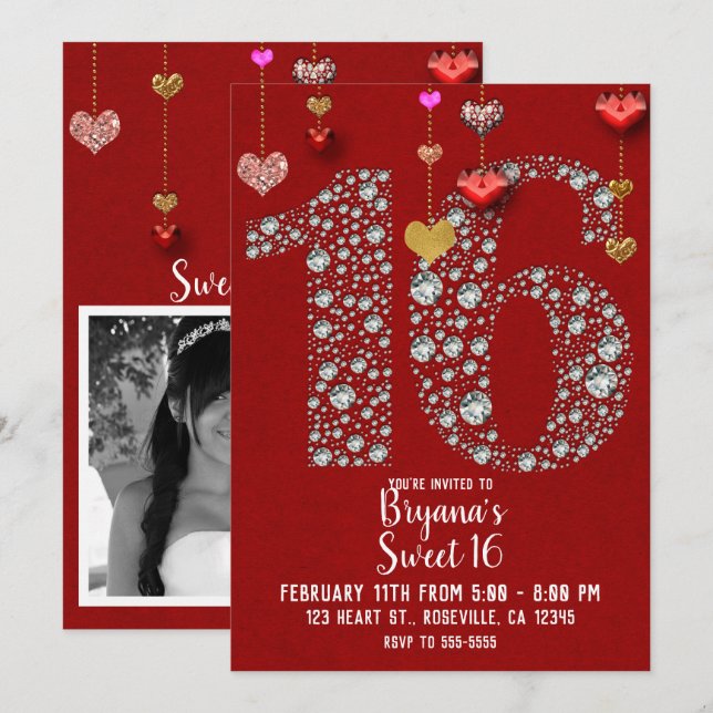 Invitation Diamant 16 Coeurs de Saint Valentin Photo fête d'a (Devant / Derrière)