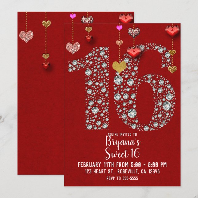 Invitation Diamant 16 Saint Valentin Coeurs Anniversaire (Devant / Derrière)