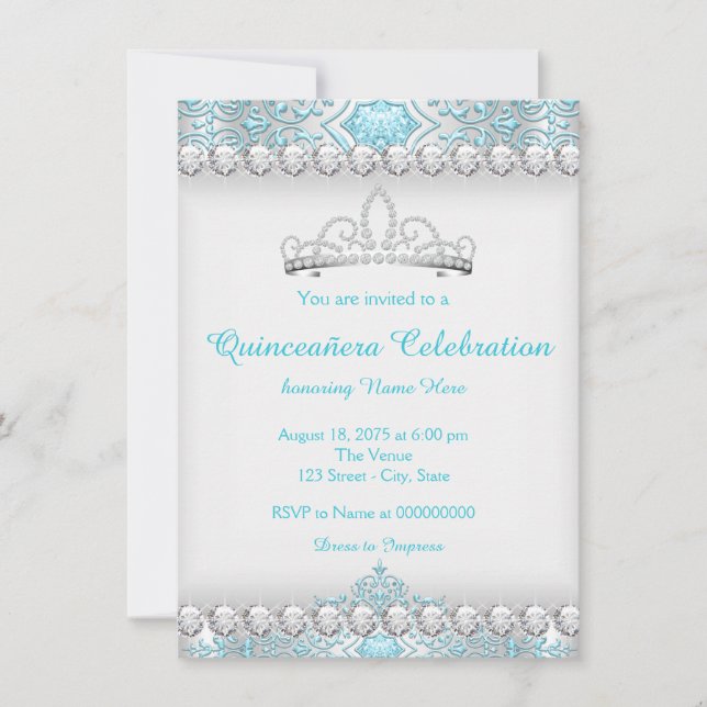 Invitation Diamant bleu turquoise Tiara Princess Quinceanera (Devant)