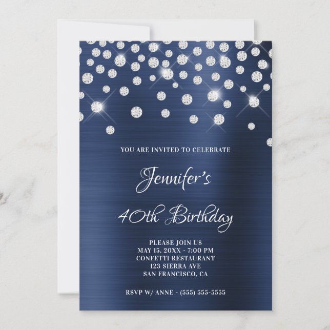 Invitation Diamant Confetti Marine Blue Satin Foil Ombre (Devant)