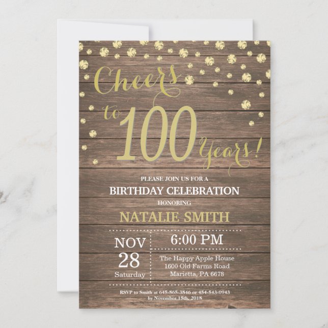 Invitation Diamant d'anniversaire d'or en bois rustique 100th (Devant)