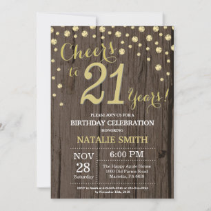 Invitation Diamant d'anniversaire Rustic Wood Gold 21st Birth