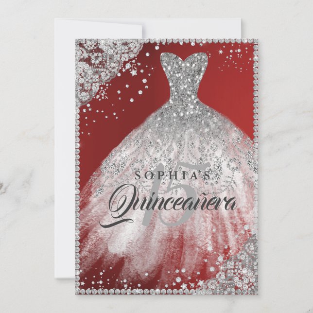 Invitation Diamant Dentelle Étincelle Gown Rouge Quinceanera (Devant)