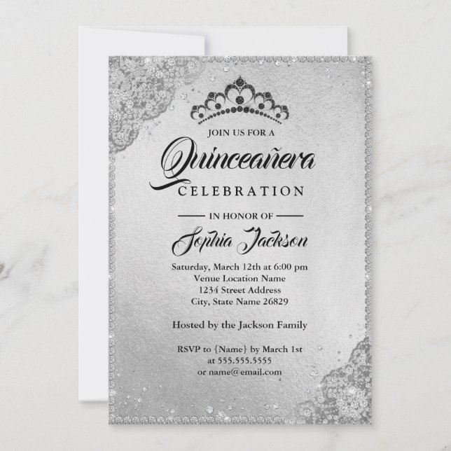 Invitation Diamant Dentelle Étincelle Silver Quinceanera (Devant)