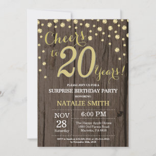 Invitation Diamant Doré Bois Rustique Surprise 20e Anniversai