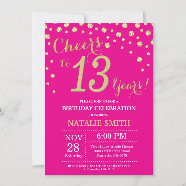 Invitation Diamant du 13e anniversaire de Hot Pink and Gold (Devant)