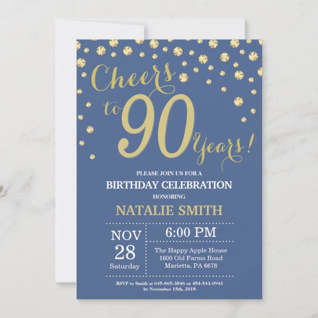 Invitation Diamant du 90e anniversaire bleu et or (Devant)