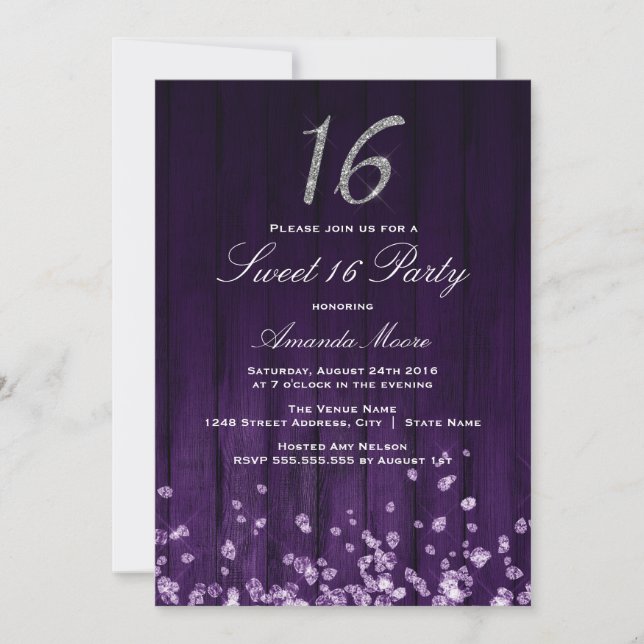 Invitation Diamant étincelant Purple Silver Sweet 16 Invitati (Devant)