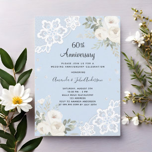 Invitation Diamant floral blanc bleu 60e anniversaire mariage