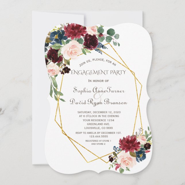 Invitation Diamant géométrique Or Fiançailles floral Bourgogn (Devant)