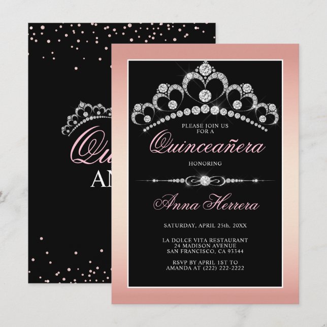 Invitation Diamant moderne Tiara noir rose QUINCEAÑERA (Devant / Derrière)