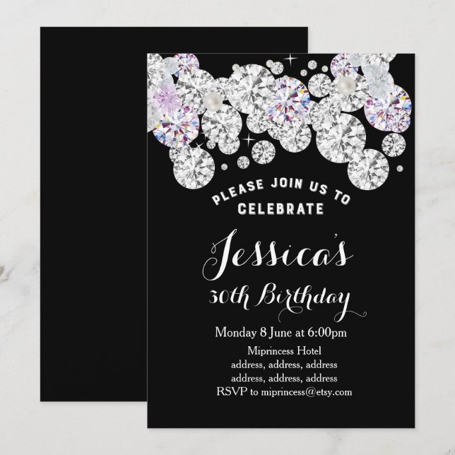 Invitation diamant noir élégant, parties scintillant annivers (Devant / Derrière)
