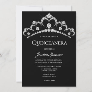 Invitation Diamant noir et argent Tiara Quinceanera Party