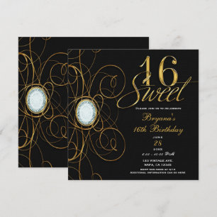 Invitation Diamant noir et or Sweet 16 Anniversaire