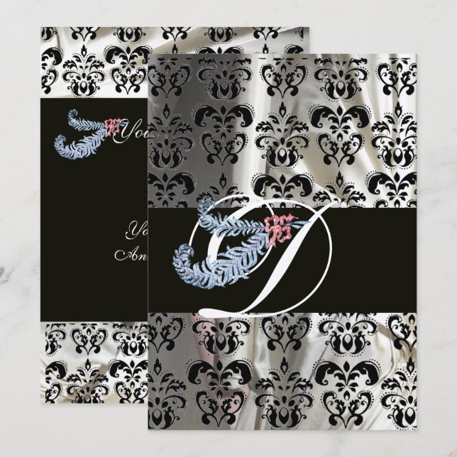 INVITATION DIAMANT PLUME ARGENT SOIE NOIRE DAMAS MONOGRAMME (Devant / Derrière)