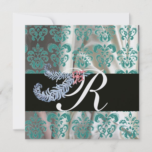 INVITATION DIAMANT PLUMES DE SOIE BLEU GLACE DAMASSÉ MONOGRAM (Devant)